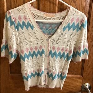 Women’s Short Sleeve Sweater. Size Small. Brand: Nature. White Pink Turquoise.
